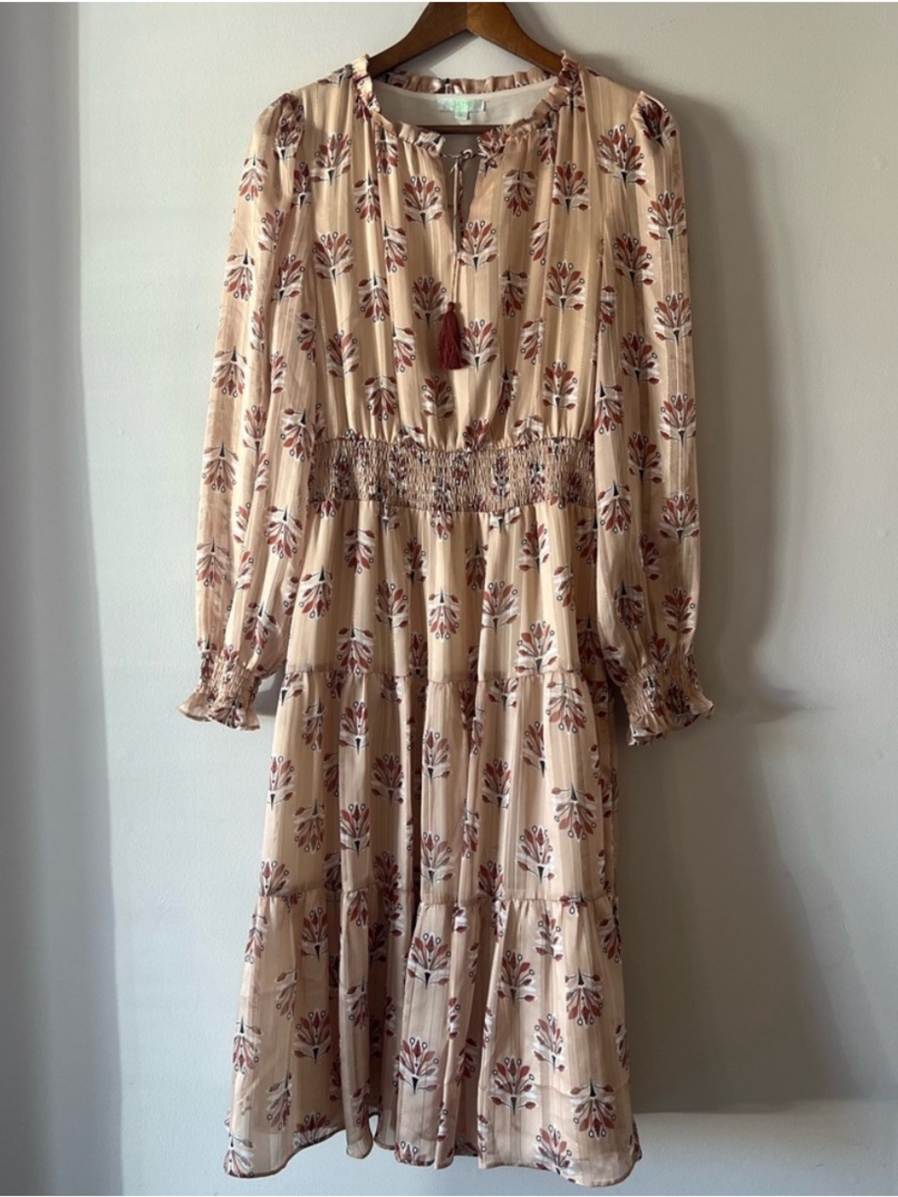 Jade Melody Tam Floral Cream Midi Tiered Dress Smocked Waist Size Medium